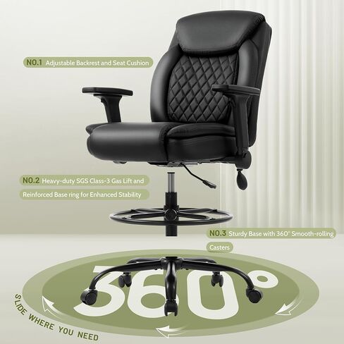 كرسي صياغة، كرسي مكتب طويل القامة، مساند للذراعين قابلة للطي للاستخدام في رسم مكتب الارتفاع، كرسي عالي المهام مع حلقة قدم قابلة للتعديل ودعم قطني قابل للنفخ، مقعد كمبيوتر دوار، أسود من البولي يوريثان in Kuwait