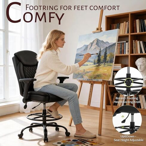 كرسي صياغة، كرسي مكتب طويل القامة، مساند للذراعين قابلة للطي للاستخدام في رسم مكتب الارتفاع، كرسي عالي المهام مع حلقة قدم قابلة للتعديل ودعم قطني قابل للنفخ، مقعد كمبيوتر دوار، أسود من البولي يوريثان in Kuwait