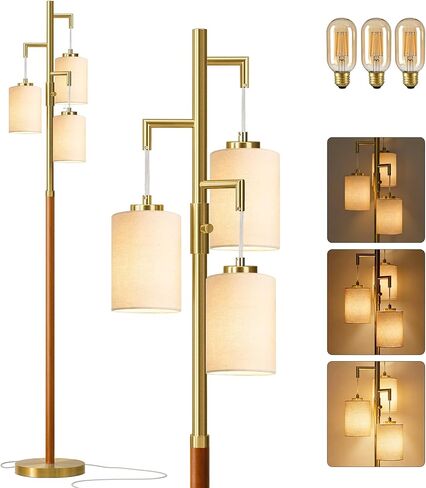 70" Dimmable Floor Lamp Wood Floor Lamps for Living Room Bedroom Mid Century Modern Floor Lamp Gold Standing Lamp Tall Lamps for Office Nursery Reading Elegant Stand Up Lamp, 3 Bulbs Included in Kuwait
