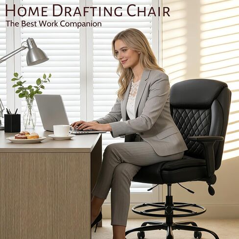 كرسي صياغة، كرسي مكتب طويل القامة، مساند للذراعين قابلة للطي للاستخدام في رسم مكتب الارتفاع، كرسي عالي المهام مع حلقة قدم قابلة للتعديل ودعم قطني قابل للنفخ، مقعد كمبيوتر دوار، أسود من البولي يوريثان in Kuwait