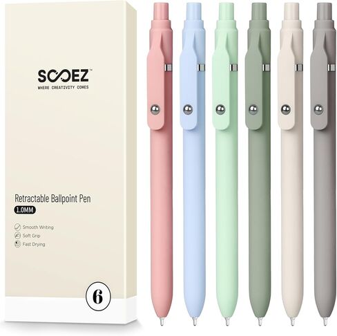 أقلام حبر جاف Sooez قابلة للسحب، 6 عبوات من أقلام حبر جاف سوداء مع قبضة مريحة، قلم تململ للكتابة بسلاسة لليوميات، أقلام لطيفة للمكتب واللوازم المدرسية، حبر أسود متوسط ​​النقطة 1.0 مم in Saudi Arabia