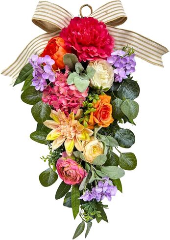 24 Inch Pre-lit Spring Summer Teardrop Swag with Peonies Roses Striped Bow, Colorful Farmhouse Floral Decor for Front Door, Battery Operated with Timer in Kuwait