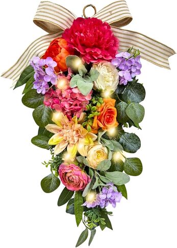 24 Inch Pre-lit Spring Summer Teardrop Swag with Peonies Roses Striped Bow, Colorful Farmhouse Floral Decor for Front Door, Battery Operated with Timer in Kuwait