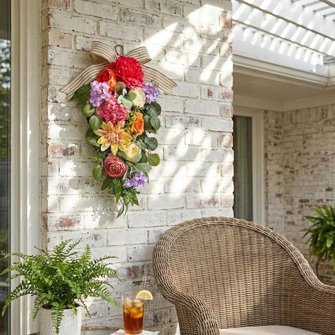 24 Inch Pre-lit Spring Summer Teardrop Swag with Peonies Roses Striped Bow, Colorful Farmhouse Floral Decor for Front Door, Battery Operated with Timer in Kuwait