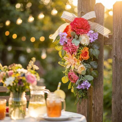 24 Inch Pre-lit Spring Summer Teardrop Swag with Peonies Roses Striped Bow, Colorful Farmhouse Floral Decor for Front Door, Battery Operated with Timer in Kuwait