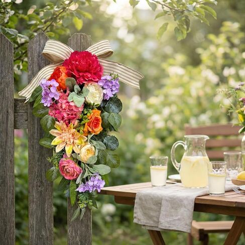 24 Inch Pre-lit Spring Summer Teardrop Swag with Peonies Roses Striped Bow, Colorful Farmhouse Floral Decor for Front Door, Battery Operated with Timer in Kuwait