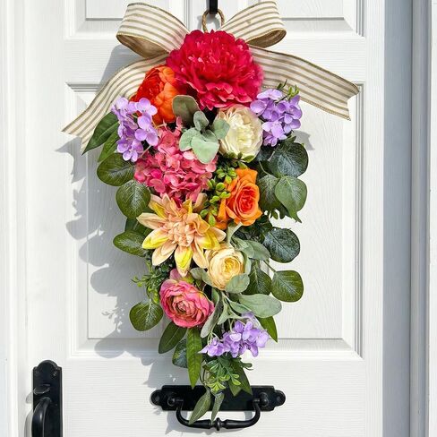 24 Inch Pre-lit Spring Summer Teardrop Swag with Peonies Roses Striped Bow, Colorful Farmhouse Floral Decor for Front Door, Battery Operated with Timer in Kuwait