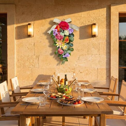 24 Inch Pre-lit Spring Summer Teardrop Swag with Peonies Roses Striped Bow, Colorful Farmhouse Floral Decor for Front Door, Battery Operated with Timer in Kuwait