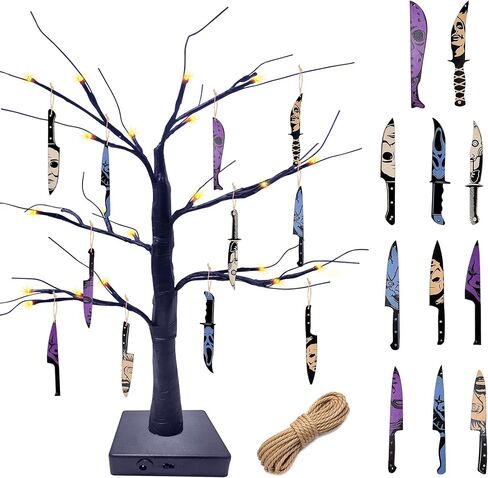Black Tabletop Halloween Tree with Horror Movie Hanging Ornament 11 Pcs Mini Wooden Knife Decorations,Nightmare Before Christmas Decorations for Spooky Indoor Decor or Shelf Decor in Kuwait