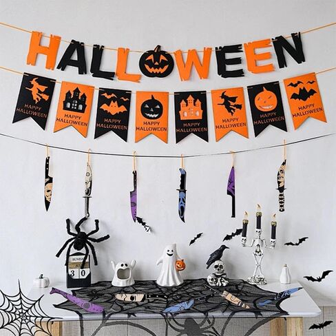 Black Tabletop Halloween Tree with Horror Movie Hanging Ornament 11 Pcs Mini Wooden Knife Decorations,Nightmare Before Christmas Decorations for Spooky Indoor Decor or Shelf Decor in Kuwait