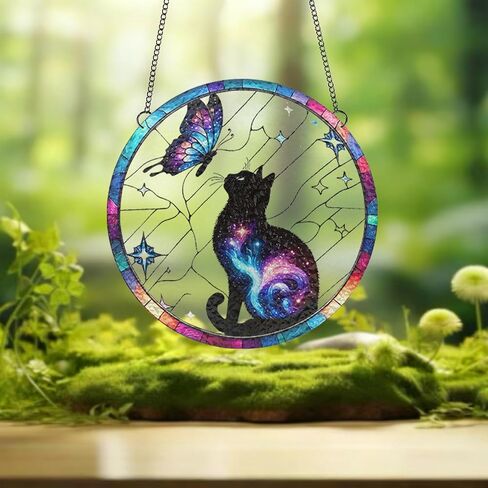 1PC Colorful Acrylic Suncatcher Hanging Decor, Galaxy Black Cat & Butterfly 3.93 inch Window Decor with Printed Stained Glass Style Design,Gift Idea & Garden Ornament Indoor Outdoor Use/1010-ZSW-10 in Saudi Arabia