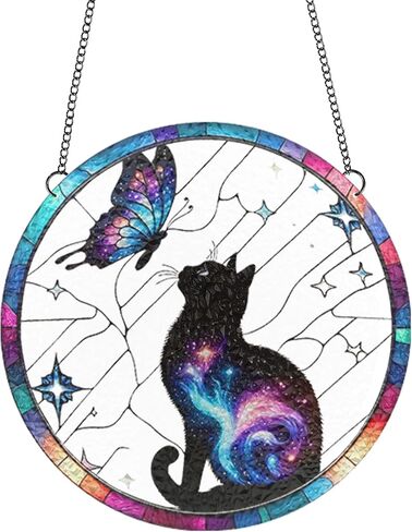 1PC Colorful Acrylic Suncatcher Hanging Decor, Galaxy Black Cat & Butterfly 3.93 inch Window Decor with Printed Stained Glass Style Design,Gift Idea & Garden Ornament Indoor Outdoor Use/1010-ZSW-10 in Saudi Arabia