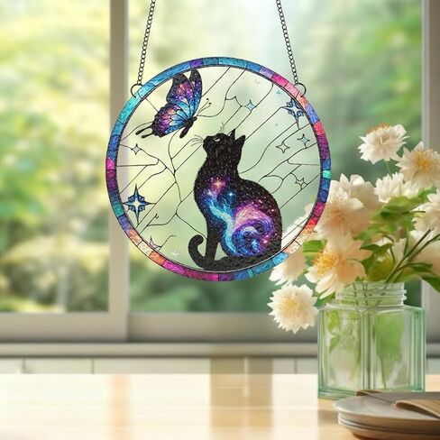 1PC Colorful Acrylic Suncatcher Hanging Decor, Galaxy Black Cat & Butterfly 3.93 inch Window Decor with Printed Stained Glass Style Design,Gift Idea & Garden Ornament Indoor Outdoor Use/1010-ZSW-10 in Saudi Arabia