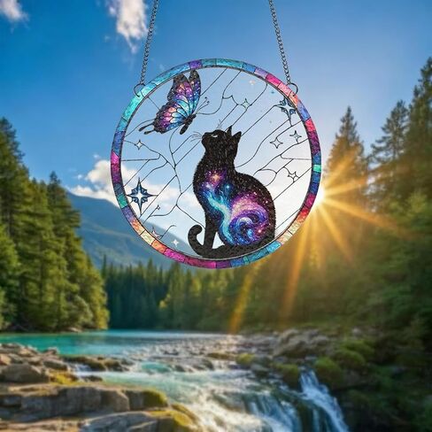 1PC Colorful Acrylic Suncatcher Hanging Decor, Galaxy Black Cat & Butterfly 3.93 inch Window Decor with Printed Stained Glass Style Design,Gift Idea & Garden Ornament Indoor Outdoor Use/1010-ZSW-10 in Saudi Arabia