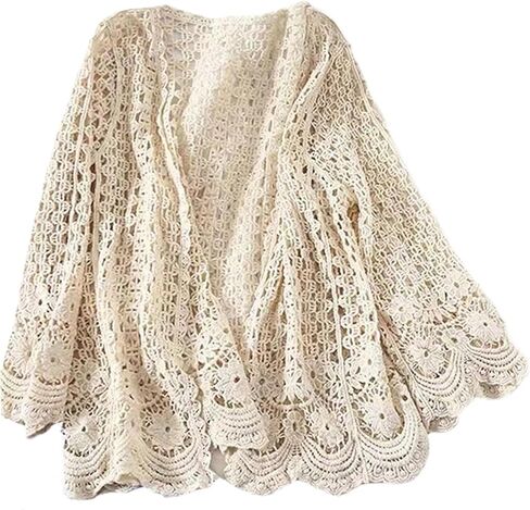 Summer Cardigans for Women Cotton Creamy White Long Sleeve Hollow-Out Crochet Knitwear Boho Floral Spring Breathable Lace Crochet Kimono Cardigan, Average Size in Kuwait