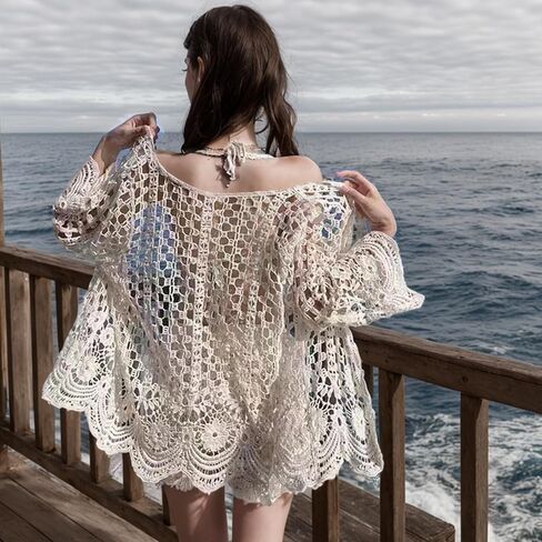 Summer Cardigans for Women Cotton Creamy White Long Sleeve Hollow-Out Crochet Knitwear Boho Floral Spring Breathable Lace Crochet Kimono Cardigan, Average Size in Kuwait