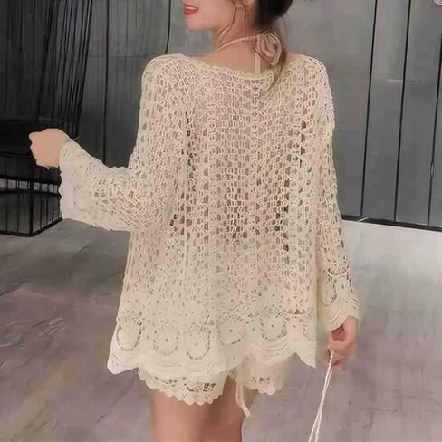 Summer Cardigans for Women Cotton Creamy White Long Sleeve Hollow-Out Crochet Knitwear Boho Floral Spring Breathable Lace Crochet Kimono Cardigan, Average Size in Kuwait