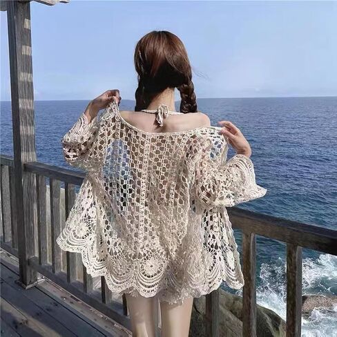 Summer Cardigans for Women Cotton Creamy White Long Sleeve Hollow-Out Crochet Knitwear Boho Floral Spring Breathable Lace Crochet Kimono Cardigan, Average Size in Kuwait