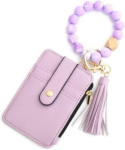 Wallet Keychain Wristlet,Car Key Ring Holder Card Holder Pocket with Zipper Silicone Beaded Tassel Keychain for Men Women,Purple in Saudi Arabia