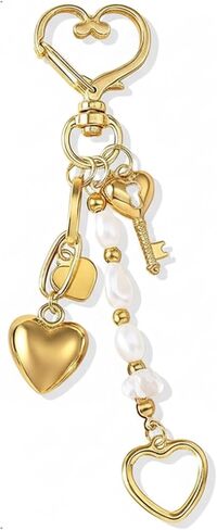 سلسلة مفاتيح على شكل قلب ذهبي مع خرز ومفتاح على شكل قلب - حلية محفظة أنيقة، حلية حقيبة Glod، ملحق حقيبة، حلقة مفاتيح للنساء in Kuwait