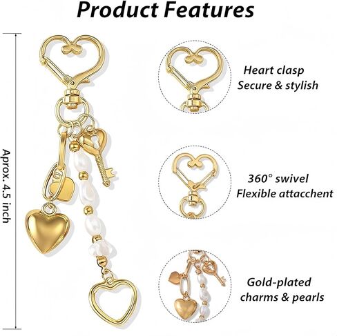 سلسلة مفاتيح على شكل قلب ذهبي مع خرز ومفتاح على شكل قلب - حلية محفظة أنيقة، حلية حقيبة Glod، ملحق حقيبة، حلقة مفاتيح للنساء in Kuwait