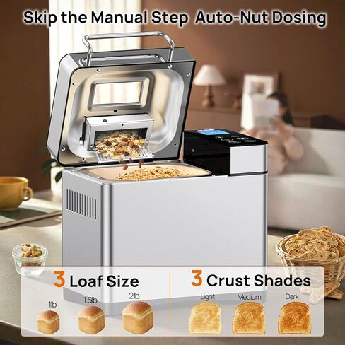 19-in-1 Smart Dual Heaters Bread Maker With Heat-Conductive Nonstick Ceramic Pan, Quiet Bread Machine with 15H Timer & 1H Keep Warm, Stainless Steel BreadMaker with French, Gluten-Free,Sourdough in Kuwait
