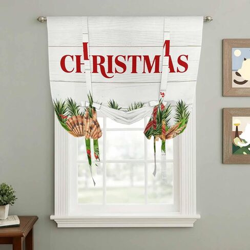 Coastal Christmas Tie Up Curtains for Window, Nautical Starfish Pine Needle Xmas Thermal Insulated Balloon Shade Adjustable Rod Pocket Curtains Valance Panels for Kitchen Bathroom Café 52'' x 63'' in Kuwait
