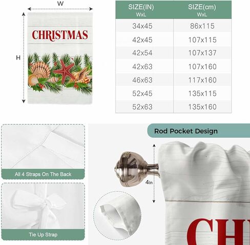 Coastal Christmas Tie Up Curtains for Window, Nautical Starfish Pine Needle Xmas Thermal Insulated Balloon Shade Adjustable Rod Pocket Curtains Valance Panels for Kitchen Bathroom Café 52'' x 63'' in Kuwait