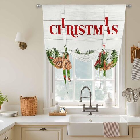 Coastal Christmas Tie Up Curtains for Window, Nautical Starfish Pine Needle Xmas Thermal Insulated Balloon Shade Adjustable Rod Pocket Curtains Valance Panels for Kitchen Bathroom Café 52'' x 63'' in Kuwait