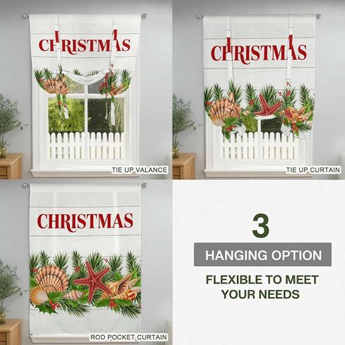 Coastal Christmas Tie Up Curtains for Window, Nautical Starfish Pine Needle Xmas Thermal Insulated Balloon Shade Adjustable Rod Pocket Curtains Valance Panels for Kitchen Bathroom Café 52'' x 63'' in Kuwait