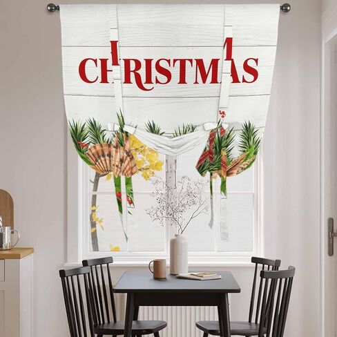 Coastal Christmas Tie Up Curtains for Window, Nautical Starfish Pine Needle Xmas Thermal Insulated Balloon Shade Adjustable Rod Pocket Curtains Valance Panels for Kitchen Bathroom Café 52'' x 63'' in Kuwait