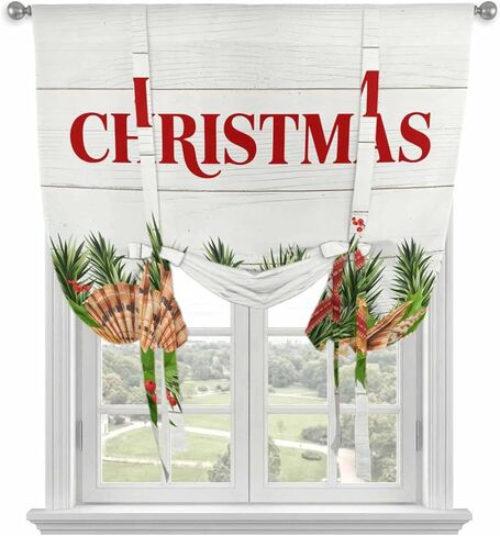 Coastal Christmas Tie Up Curtains for Window, Nautical Starfish Pine Needle Xmas Thermal Insulated Balloon Shade Adjustable Rod Pocket Curtains Valance Panels for Kitchen Bathroom Café 52'' x 63'' in Kuwait