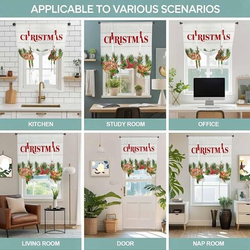 Coastal Christmas Tie Up Curtains for Window, Nautical Starfish Pine Needle Xmas Thermal Insulated Balloon Shade Adjustable Rod Pocket Curtains Valance Panels for Kitchen Bathroom Café 52'' x 63'' in Kuwait