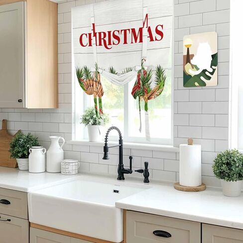 Coastal Christmas Tie Up Curtains for Window, Nautical Starfish Pine Needle Xmas Thermal Insulated Balloon Shade Adjustable Rod Pocket Curtains Valance Panels for Kitchen Bathroom Café 52'' x 63'' in Kuwait