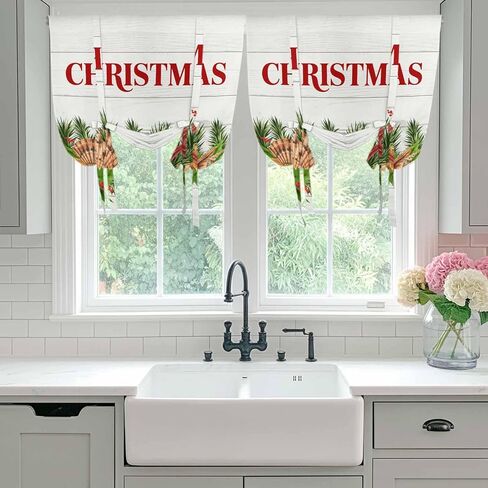 Coastal Christmas Tie Up Curtains for Window, Nautical Starfish Pine Needle Xmas Thermal Insulated Balloon Shade Adjustable Rod Pocket Curtains Valance Panels for Kitchen Bathroom Café 52'' x 63'' in Kuwait