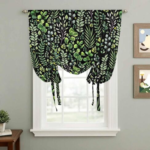 Green Leaves Tie Up Curtains for Window, Elegant Pastoral Summer Botanical Watercolor Thermal Balloon Shade Adjustable Rod Pocket Curtains Valance Panels for Kitchen Bathroom Café 34'' x 45'' in Kuwait