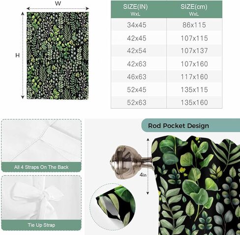 Green Leaves Tie Up Curtains for Window, Elegant Pastoral Summer Botanical Watercolor Thermal Balloon Shade Adjustable Rod Pocket Curtains Valance Panels for Kitchen Bathroom Café 34'' x 45'' in Kuwait
