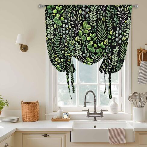 Green Leaves Tie Up Curtains for Window, Elegant Pastoral Summer Botanical Watercolor Thermal Balloon Shade Adjustable Rod Pocket Curtains Valance Panels for Kitchen Bathroom Café 34'' x 45'' in Kuwait