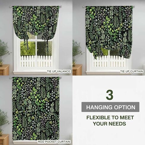 Green Leaves Tie Up Curtains for Window, Elegant Pastoral Summer Botanical Watercolor Thermal Balloon Shade Adjustable Rod Pocket Curtains Valance Panels for Kitchen Bathroom Café 34'' x 45'' in Kuwait
