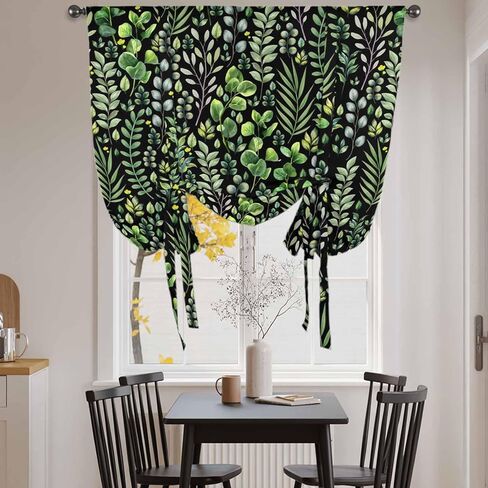 Green Leaves Tie Up Curtains for Window, Elegant Pastoral Summer Botanical Watercolor Thermal Balloon Shade Adjustable Rod Pocket Curtains Valance Panels for Kitchen Bathroom Café 34'' x 45'' in Kuwait