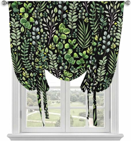 Green Leaves Tie Up Curtains for Window, Elegant Pastoral Summer Botanical Watercolor Thermal Balloon Shade Adjustable Rod Pocket Curtains Valance Panels for Kitchen Bathroom Café 34'' x 45'' in Kuwait