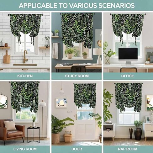 Green Leaves Tie Up Curtains for Window, Elegant Pastoral Summer Botanical Watercolor Thermal Balloon Shade Adjustable Rod Pocket Curtains Valance Panels for Kitchen Bathroom Café 34'' x 45'' in Kuwait