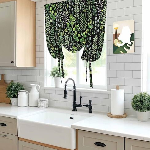 Green Leaves Tie Up Curtains for Window, Elegant Pastoral Summer Botanical Watercolor Thermal Balloon Shade Adjustable Rod Pocket Curtains Valance Panels for Kitchen Bathroom Café 34'' x 45'' in Kuwait