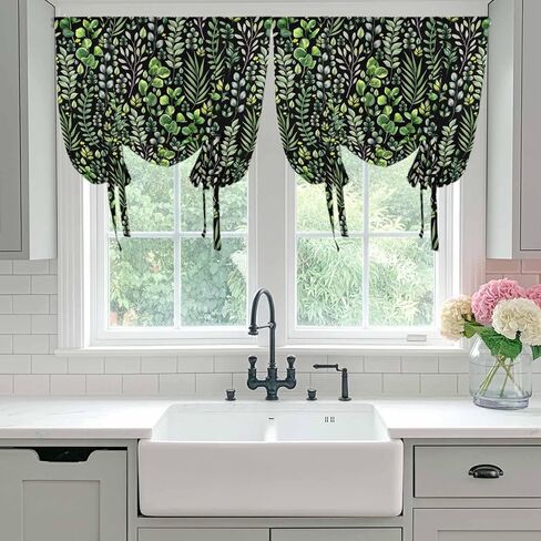 Green Leaves Tie Up Curtains for Window, Elegant Pastoral Summer Botanical Watercolor Thermal Balloon Shade Adjustable Rod Pocket Curtains Valance Panels for Kitchen Bathroom Café 34'' x 45'' in Kuwait