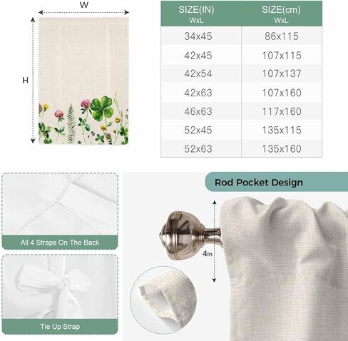 St. Patrick's Day Tie Up Curtains for Window, Colorful Shamrocks Floral Botanical Beige Thermal Balloon Shade Adjustable Rod Pocket Curtains Valance Panels for Kitchen Bathroom Café 52'' x 45'' in Kuwait