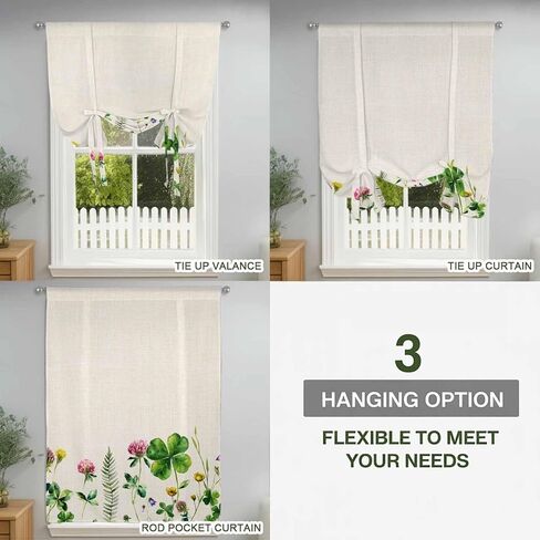 St. Patrick's Day Tie Up Curtains for Window, Colorful Shamrocks Floral Botanical Beige Thermal Balloon Shade Adjustable Rod Pocket Curtains Valance Panels for Kitchen Bathroom Café 52'' x 45'' in Kuwait