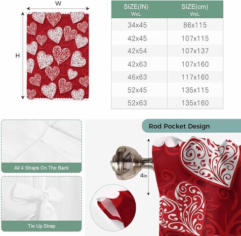 Valentine's Day Tie Up Curtains for Window, Red Love Heart Romantic Art Thermal Insulated Balloon Shade Adjustable Rod Pocket Curtains Valance Panels for Kitchen Bathroom Café 46'' x 63'' in Kuwait