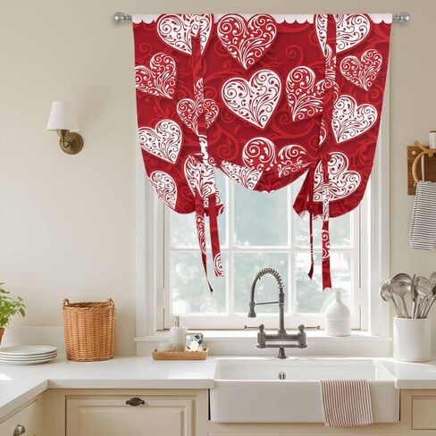 Valentine's Day Tie Up Curtains for Window, Red Love Heart Romantic Art Thermal Insulated Balloon Shade Adjustable Rod Pocket Curtains Valance Panels for Kitchen Bathroom Café 46'' x 63'' in Kuwait