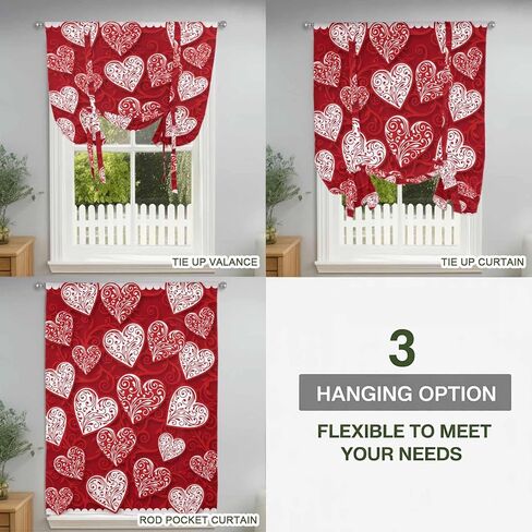 Valentine's Day Tie Up Curtains for Window, Red Love Heart Romantic Art Thermal Insulated Balloon Shade Adjustable Rod Pocket Curtains Valance Panels for Kitchen Bathroom Café 46'' x 63'' in Kuwait