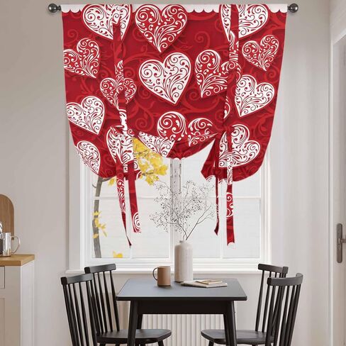 Valentine's Day Tie Up Curtains for Window, Red Love Heart Romantic Art Thermal Insulated Balloon Shade Adjustable Rod Pocket Curtains Valance Panels for Kitchen Bathroom Café 46'' x 63'' in Kuwait